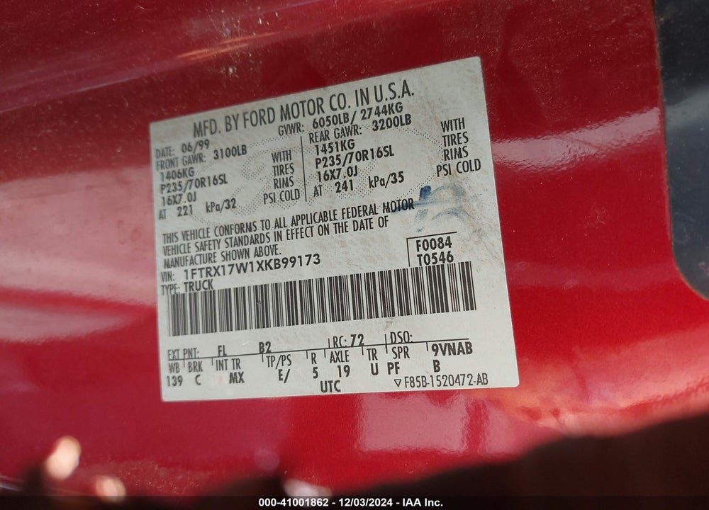 1999 FORD F-150 LARIAT/WORK SERIES/XL/XLT VIN: 1FTRX17W1XKB99173