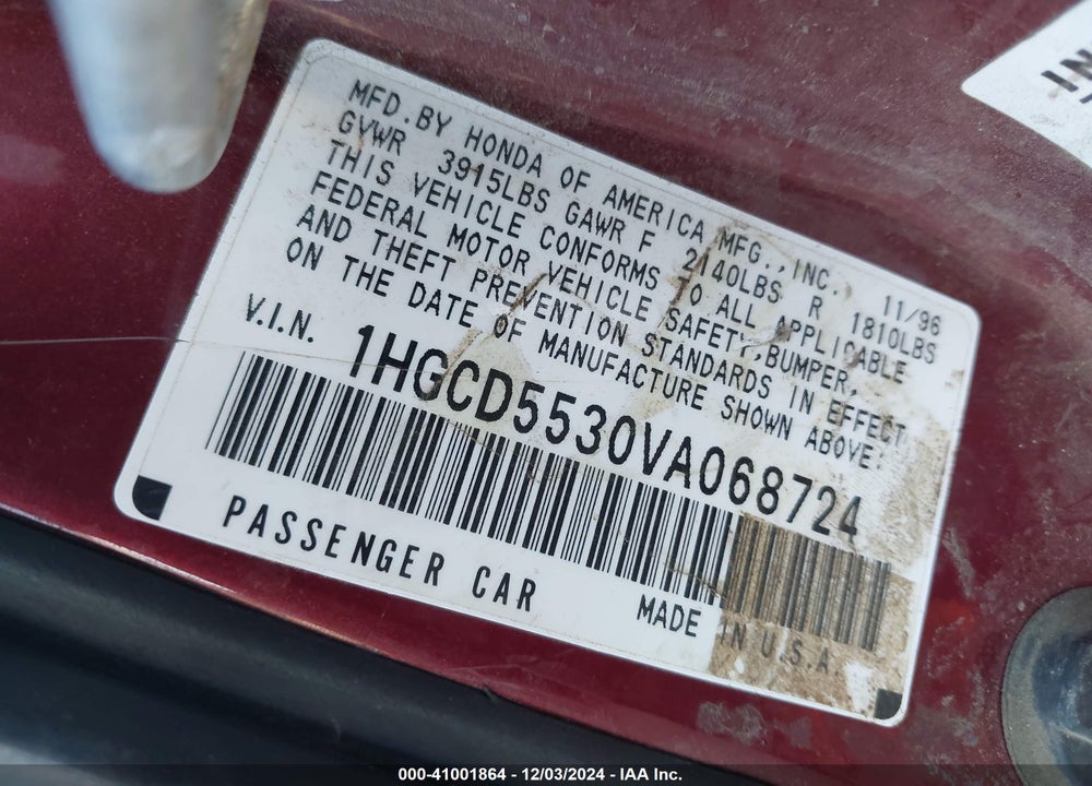 1997 HONDA ACCORD LX VIN: 1HGCD5530VA068724