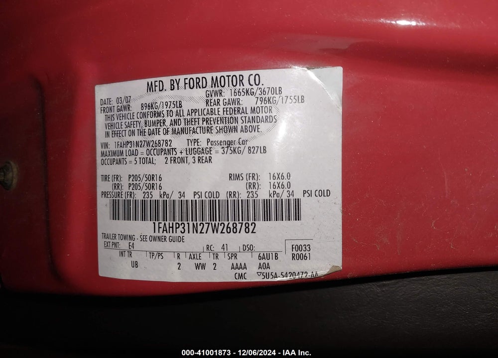 2007 FORD FOCUS S/SE/SES VIN: 1FAHP31N27W268782