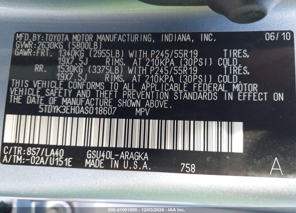2010 TOYOTA HIGHLANDER LIMITED VIN: 5TDYK3EH0AS018607
