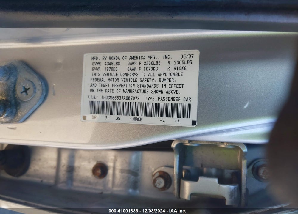 2007 HONDA ACCORD VIN: 1HGCM66537A087079