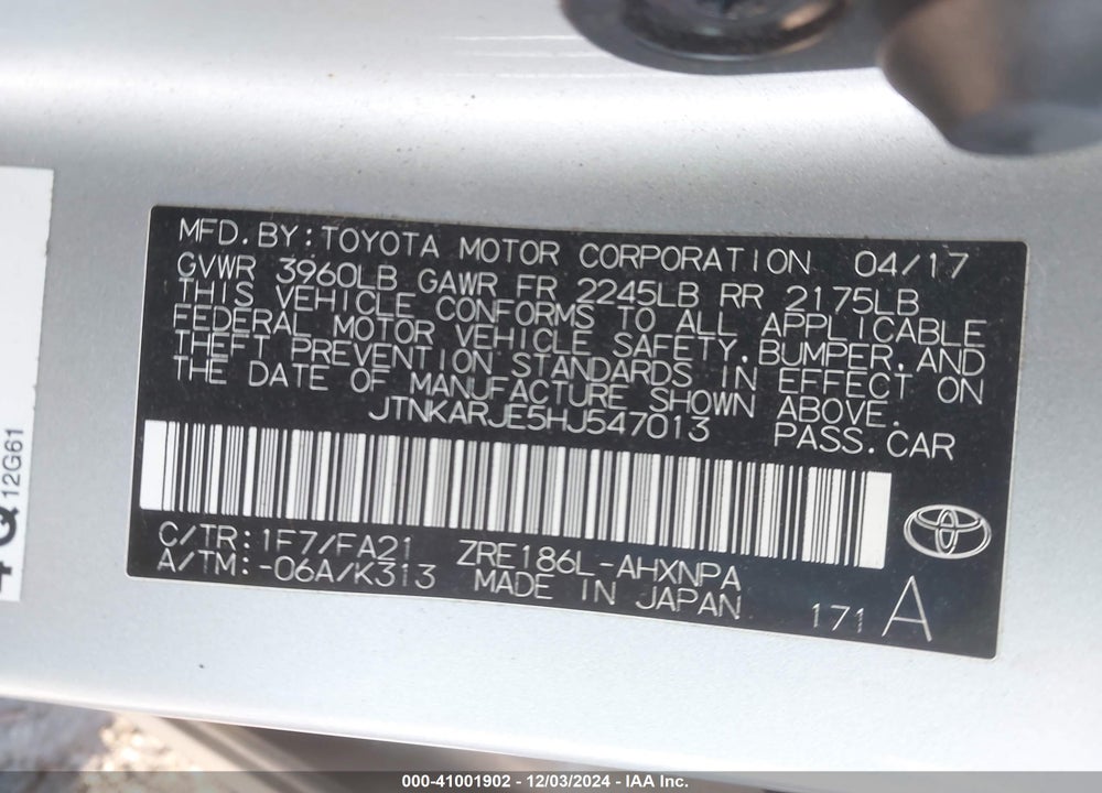 2017 TOYOTA COROLLA IM VIN: JTNKARJE5HJ547013