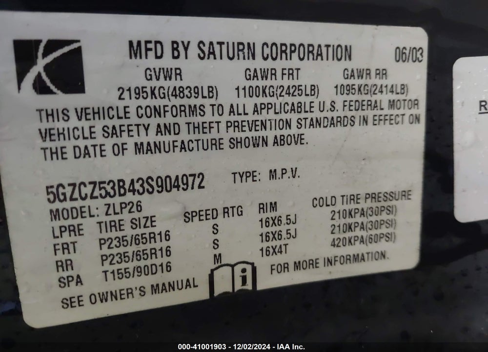 2003 SATURN VUE V6 VIN: 5GZCZ53B43S904972