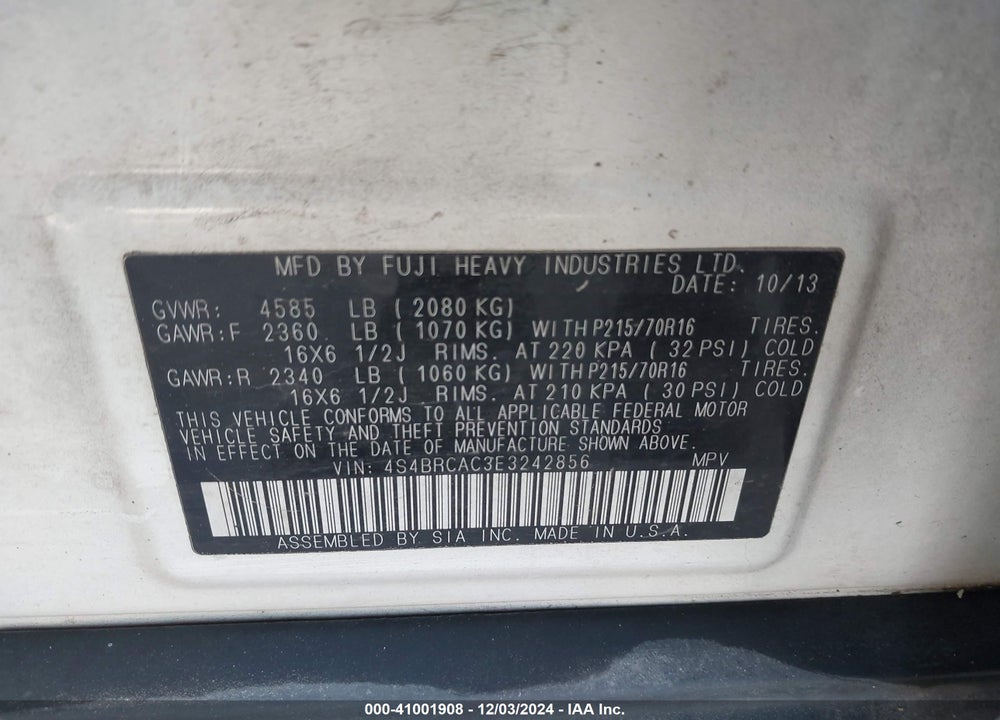 2014 SUBARU OUTBACK 2.5I VIN: 4S4BRCAC3E3242856
