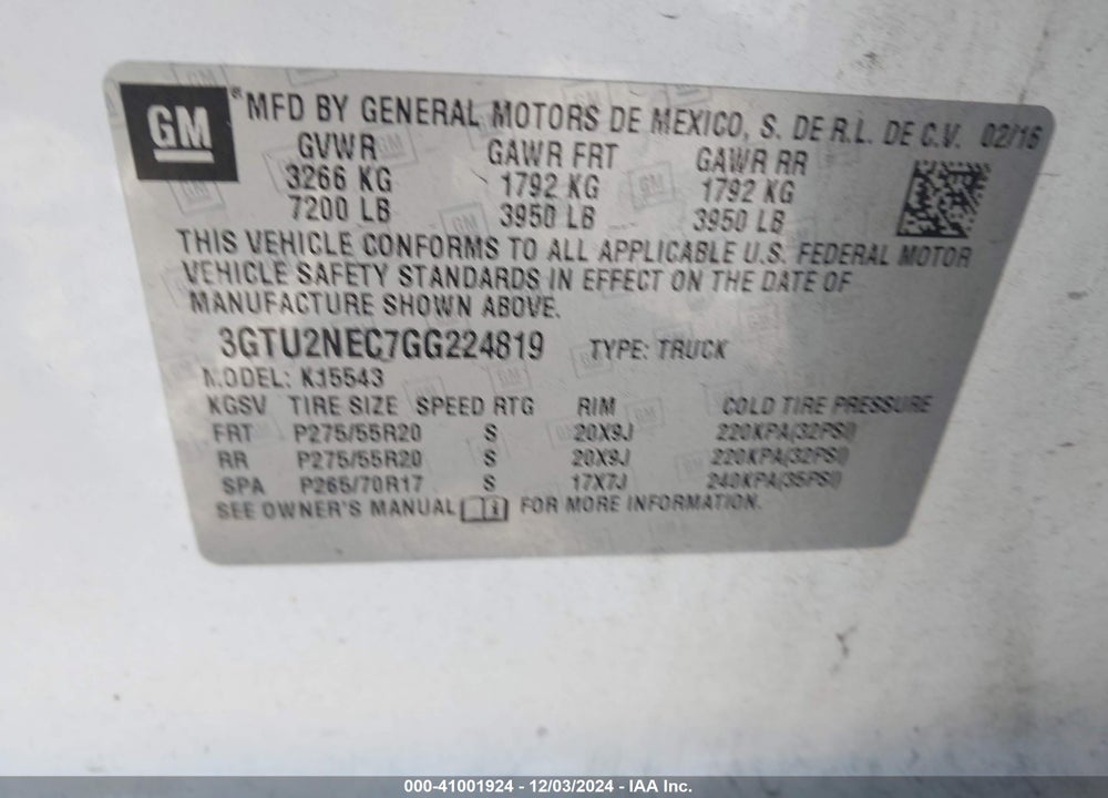 2016 GMC SIERRA VIN: 3GTU2NEC7GG224819