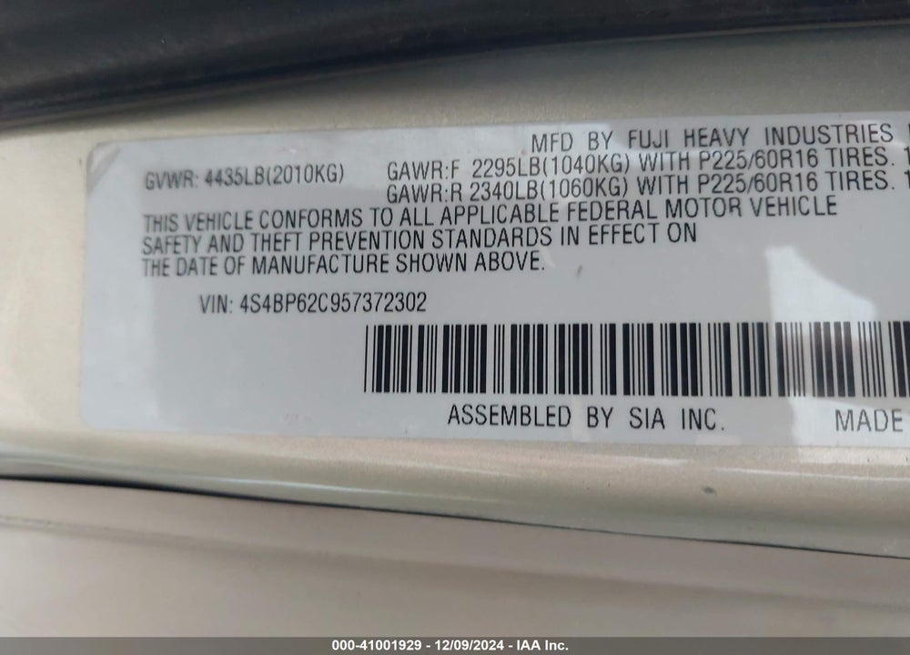 2005 SUBARU OUTBACK 2.5I LIMITED VIN: 4S4BP62C957372302