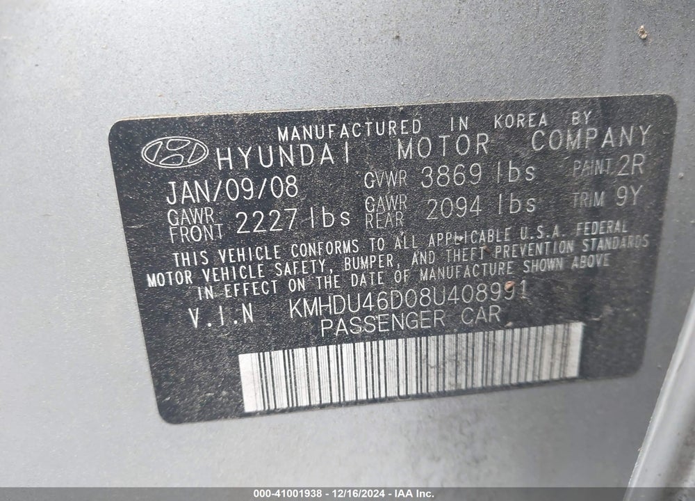 2008 HYUNDAI ELANTRA GLS/SE VIN: KMHDU46D08U408991