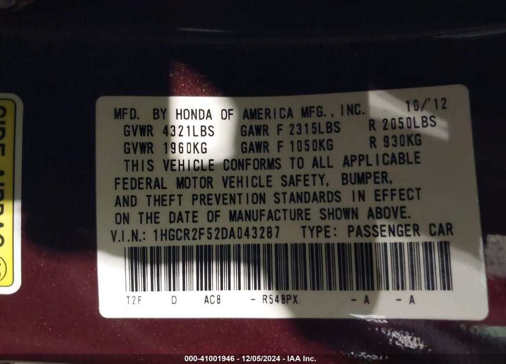 2013 HONDA ACCORD SPORT VIN: 1HGCR2F52DA043287
