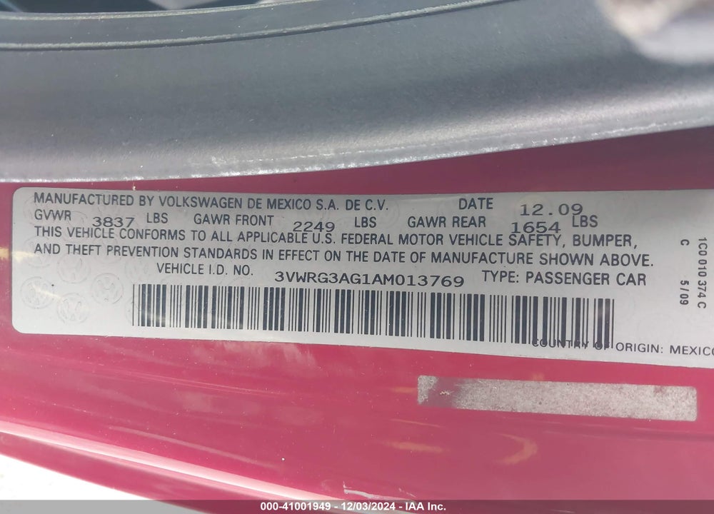 2010 VOLKSWAGEN NEW BEETLE 2.5L VIN: 3VWRG3AG1AM013769