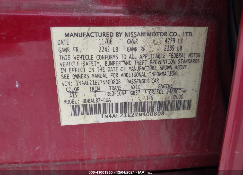 2007 NISSAN ALTIMA 2.5 S VIN: 1N4AL21E27N400808