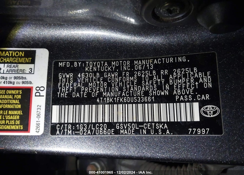 2013 TOYOTA CAMRY SE V6 VIN: 4T1BK1FK6DU533661