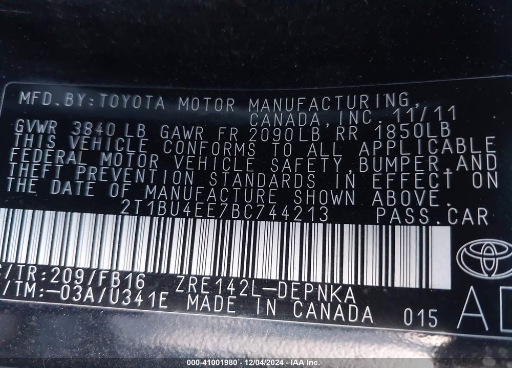 2011 TOYOTA COROLLA LE VIN: 2T1BU4EE7BC744213