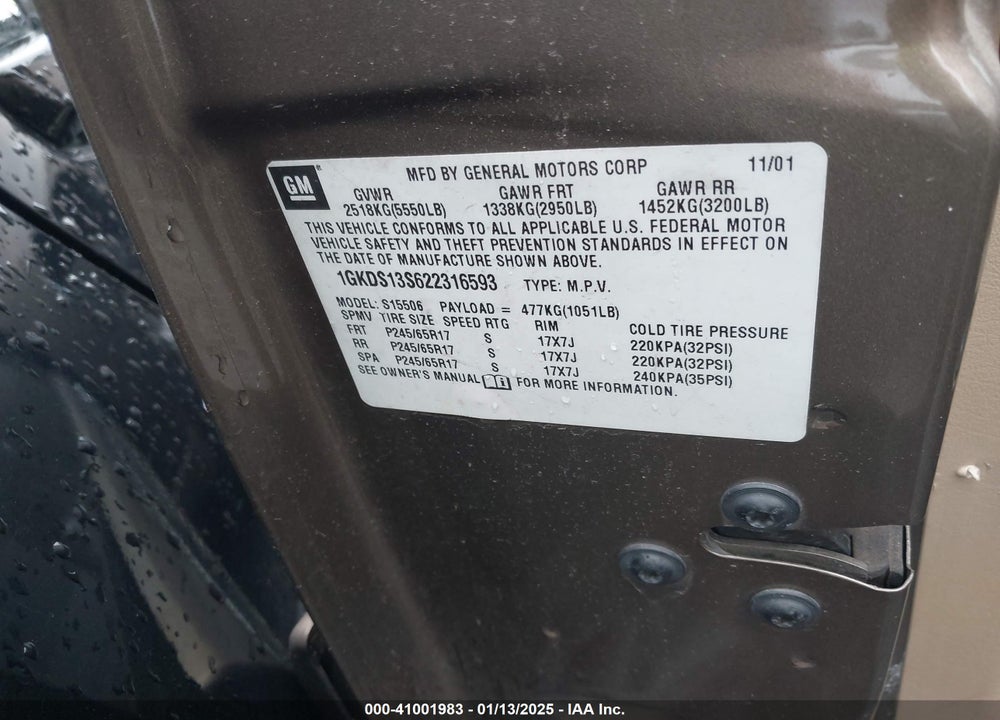 2002 GMC ENVOY SLT VIN: 1GKDS13S622316593