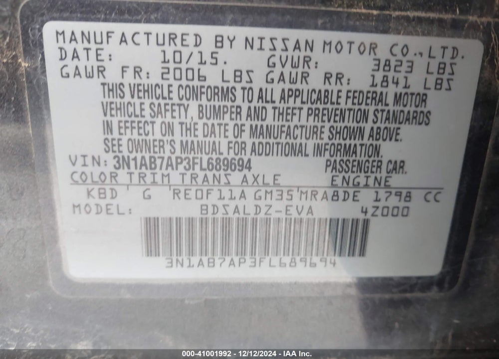 2015 NISSAN SENTRA SV VIN: 3N1AB7AP3FL689694