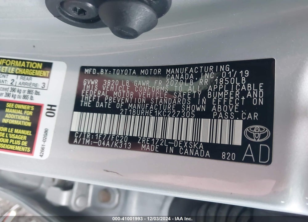 2019 TOYOTA COROLLA VIN: 2T1BURHE1KC227305