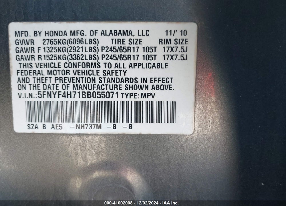 2011 HONDA PILOT EX-L VIN: 5FNYF4H71BB055071