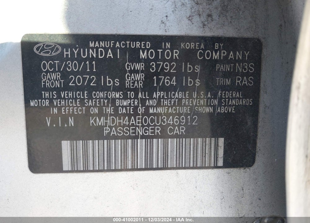 2012 HYUNDAI ELANTRA GLS (ULSAN PLANT) VIN: KMHDH4AE0CU346912