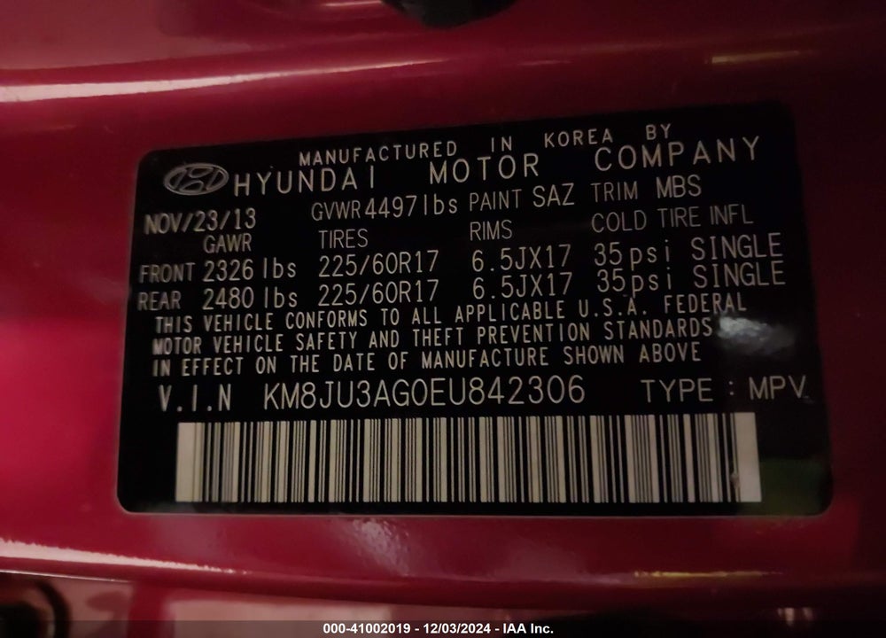 2014 HYUNDAI TUCSON SE VIN: KM8JU3AG0EU842306