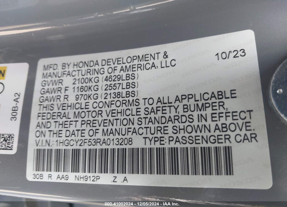 2024 HONDA ACCORD VIN: 1HGCY2F53RA013208