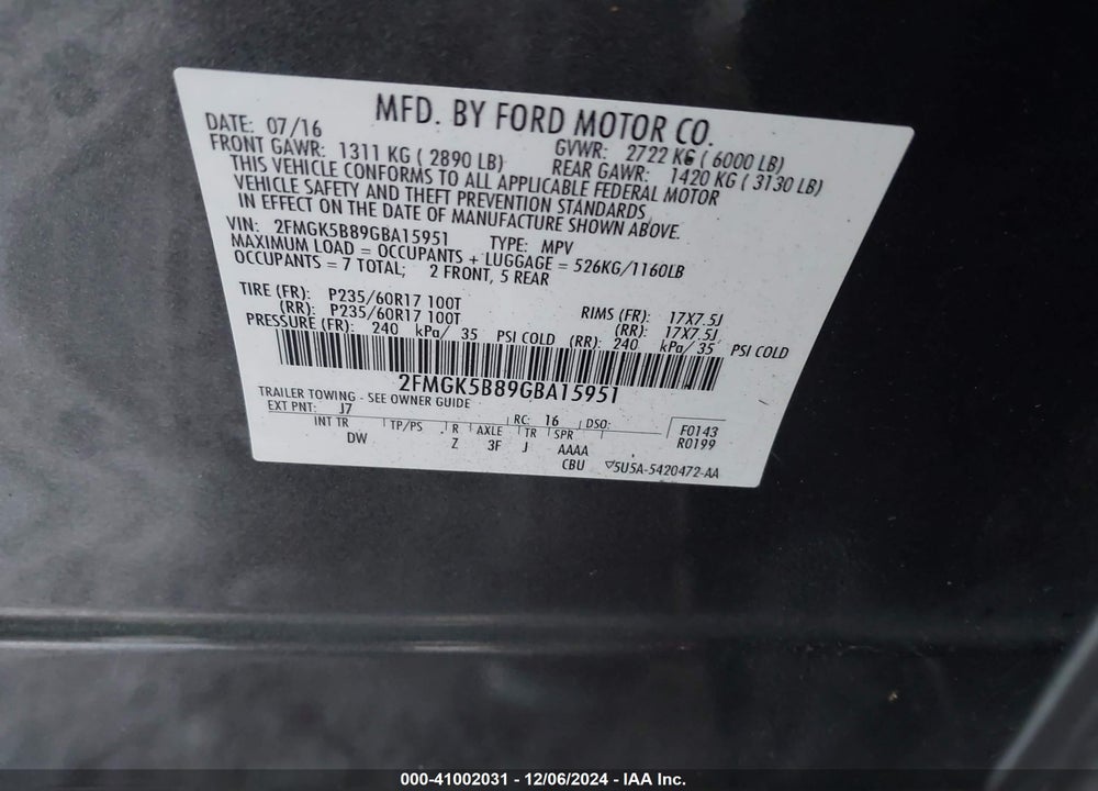2016 FORD FLEX SE VIN: 2FMGK5B89GBA15951