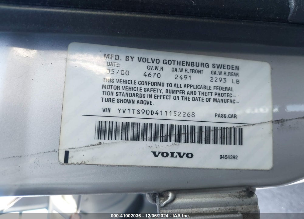 2001 VOLVO S80 T6 VIN: YV1TS90D411152268