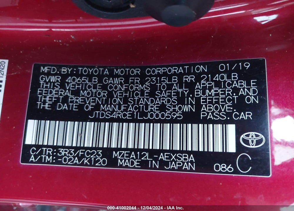 2020 TOYOTA COROLLA SE VIN: JTDS4RCE1LJ000595