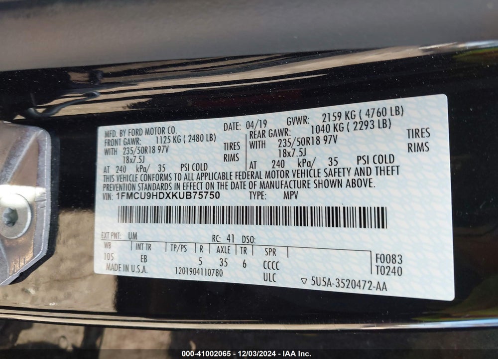 2019 FORD ESCAPE SEL VIN: 1FMCU9HDXKUB75750