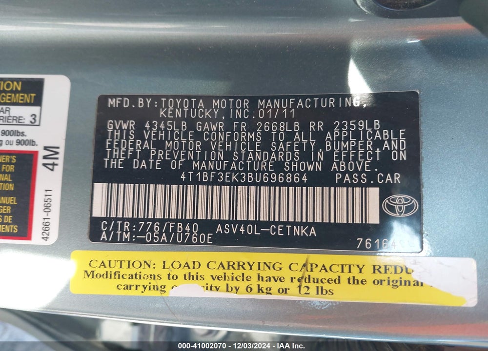 2011 TOYOTA CAMRY LE VIN: 4T1BF3EK3BU696864