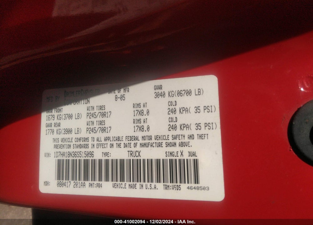 2006 DODGE RAM 1500 SLT VIN: 1D7HA18N36S515096