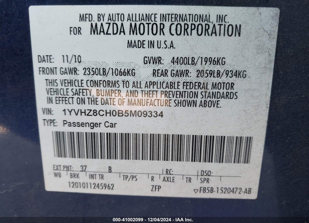 2011 MAZDA 6 I TOURING VIN: 1YVHZ8CH0B5M09334