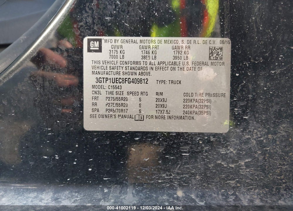 2015 GMC SIERRA 1500 VIN: 3GTP1UEC8FG409812
