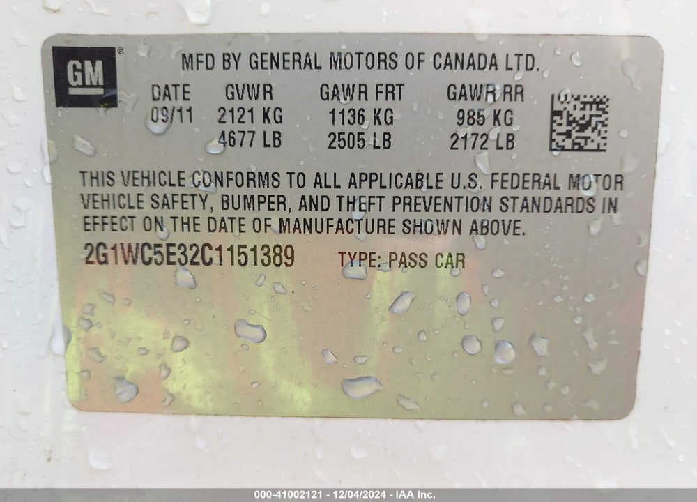 2012 CHEVROLET IMPALA LTZ VIN: 2G1WC5E32C1151389