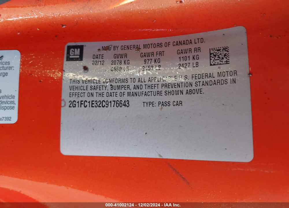 2012 CHEVROLET CAMARO 2LT VIN: 2G1FC1E32C9176643