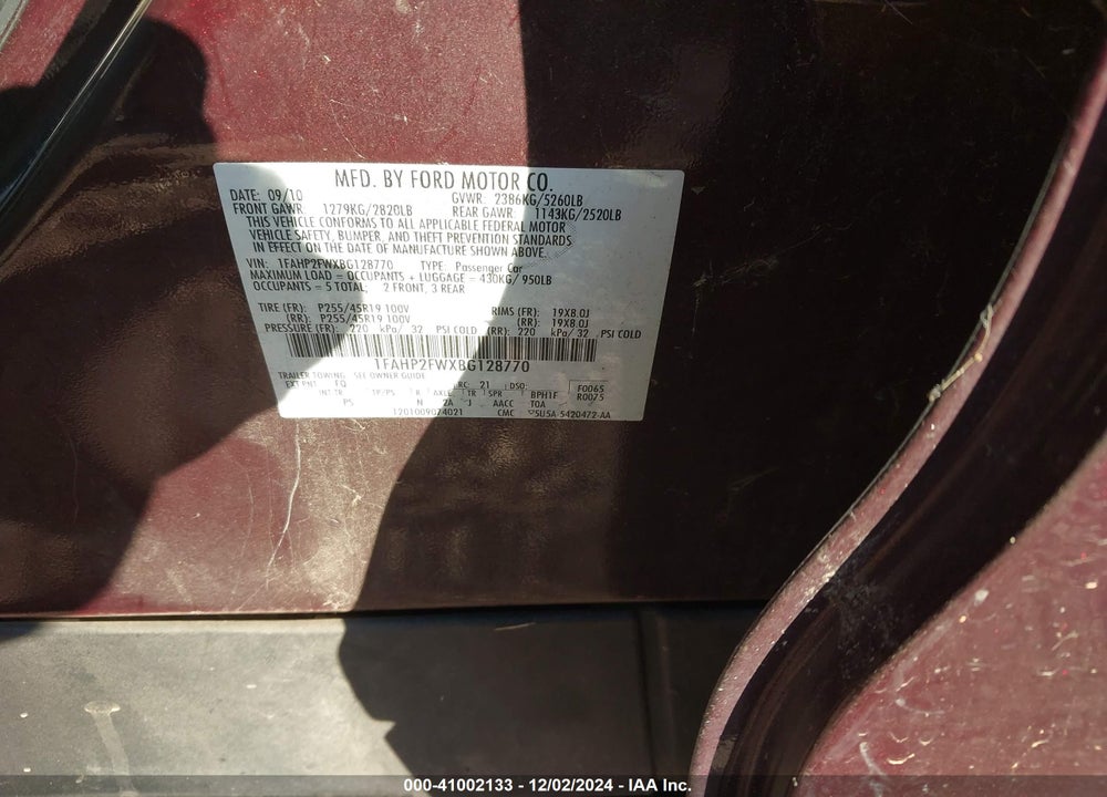 2011 FORD TAURUS LIMITED VIN: 1FAHP2FWXBG128770