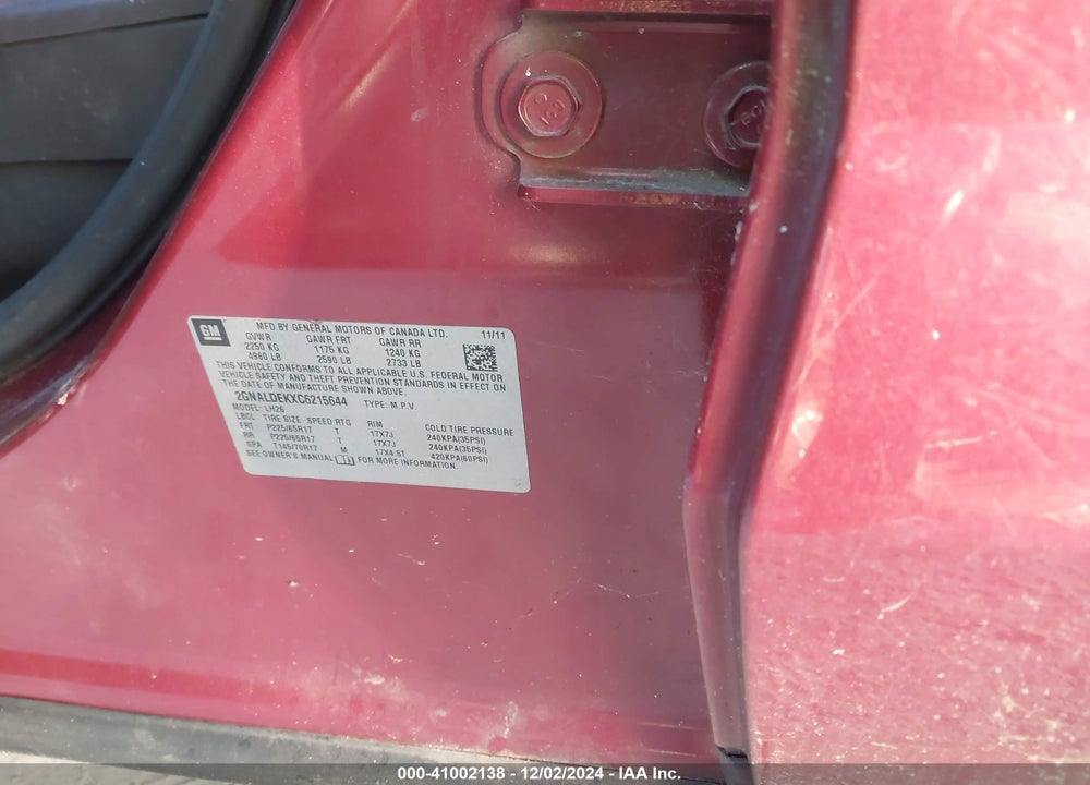 2012 CHEVROLET EQUINOX 1LT VIN: 2GNALDEKXC6215644
