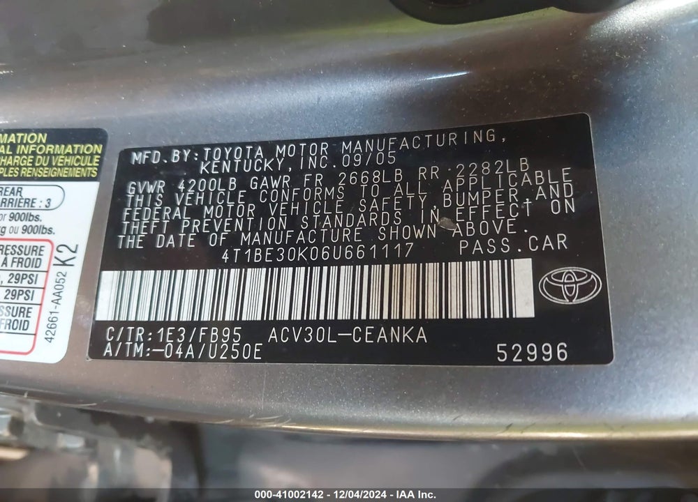 2006 TOYOTA CAMRY LE VIN: 4T1BE30K06U661117