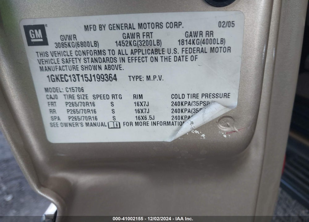 2005 GMC YUKON SLE VIN: 1GKEC13T15J199364