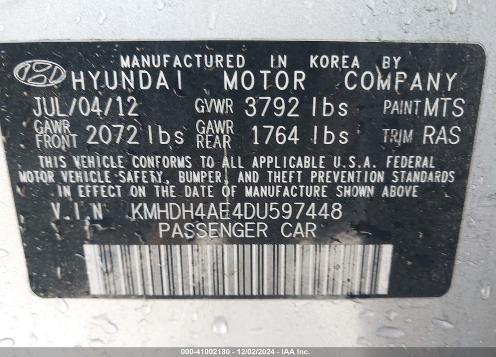 2013 HYUNDAI ELANTRA VIN: KMHDH4AE4DU597448