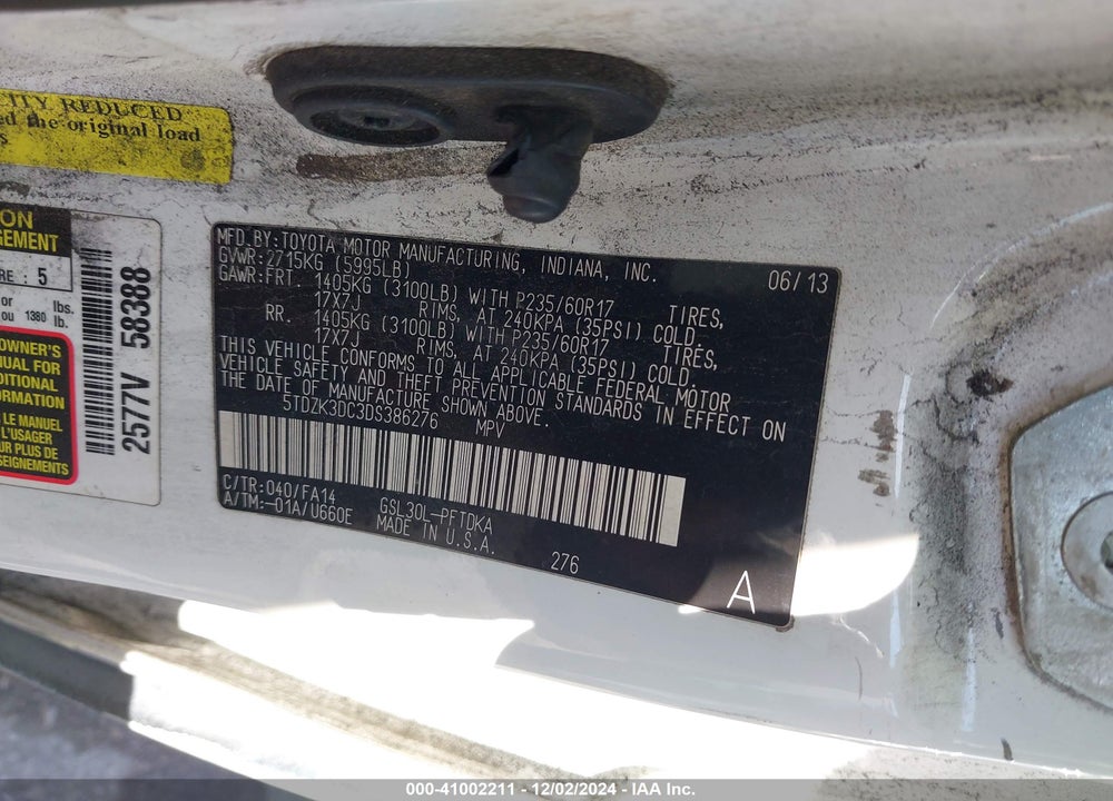 2013 TOYOTA SIENNA L V6 7 PASSENGER VIN: 5TDZK3DC3DS386276