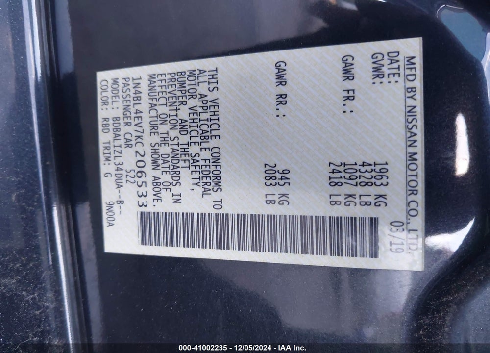 2019 NISSAN ALTIMA 2.5 SL VIN: 1N4BL4EV7KC206533