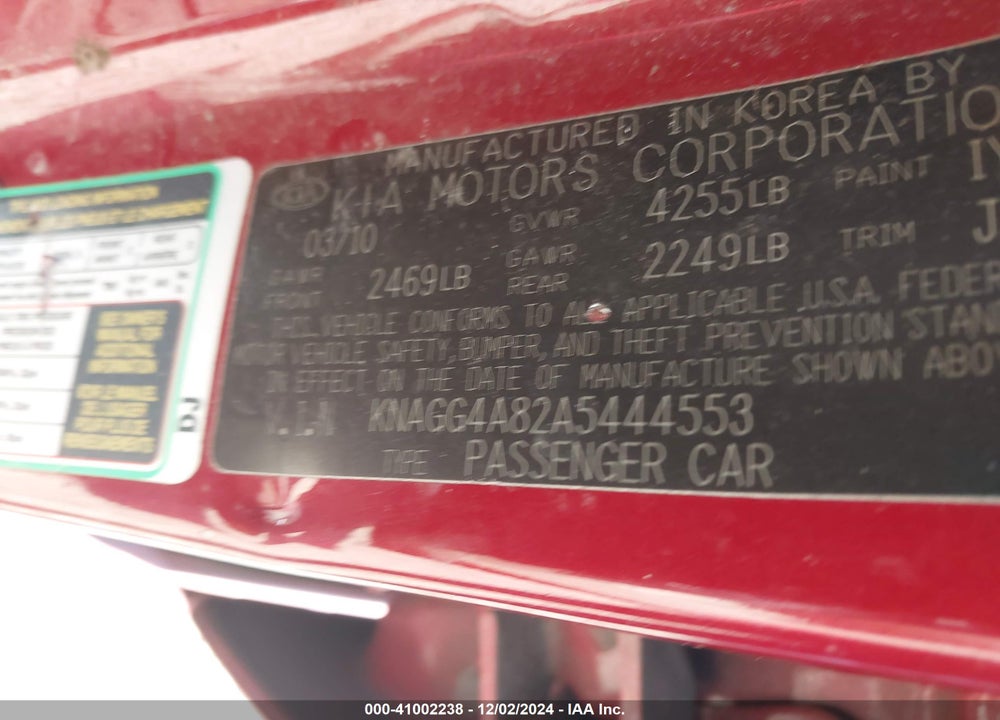 2010 KIA OPTIMA LX VIN: KNAGG4A82A5444553