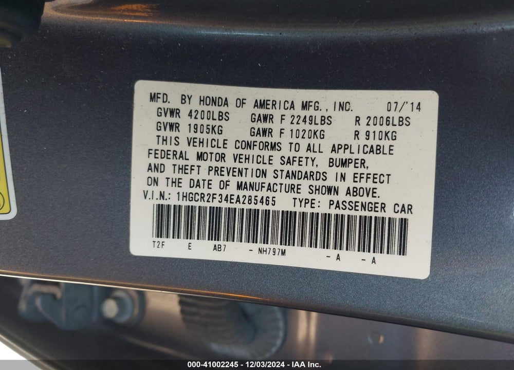 2014 HONDA ACCORD VIN: 1HGCR2F34EA285465