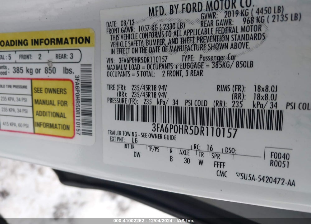 2013 FORD FUSION SE VIN: 3FA6P0HR5DR110157