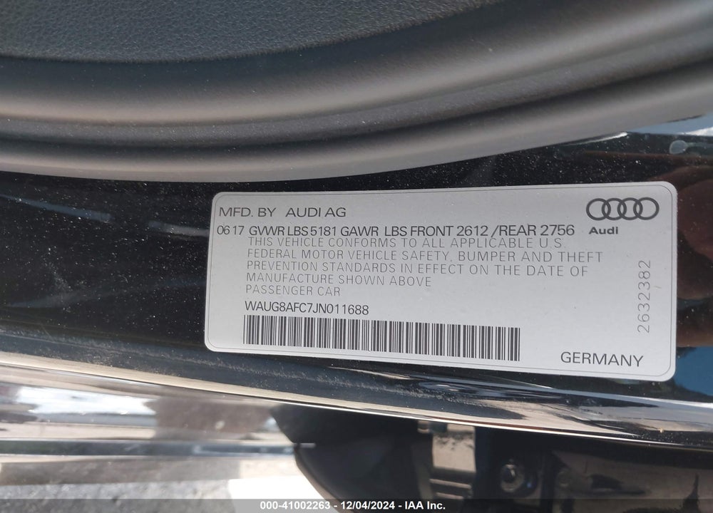 2018 AUDI A6 2.0T PREMIUM VIN: WAUG8AFC7JN011688