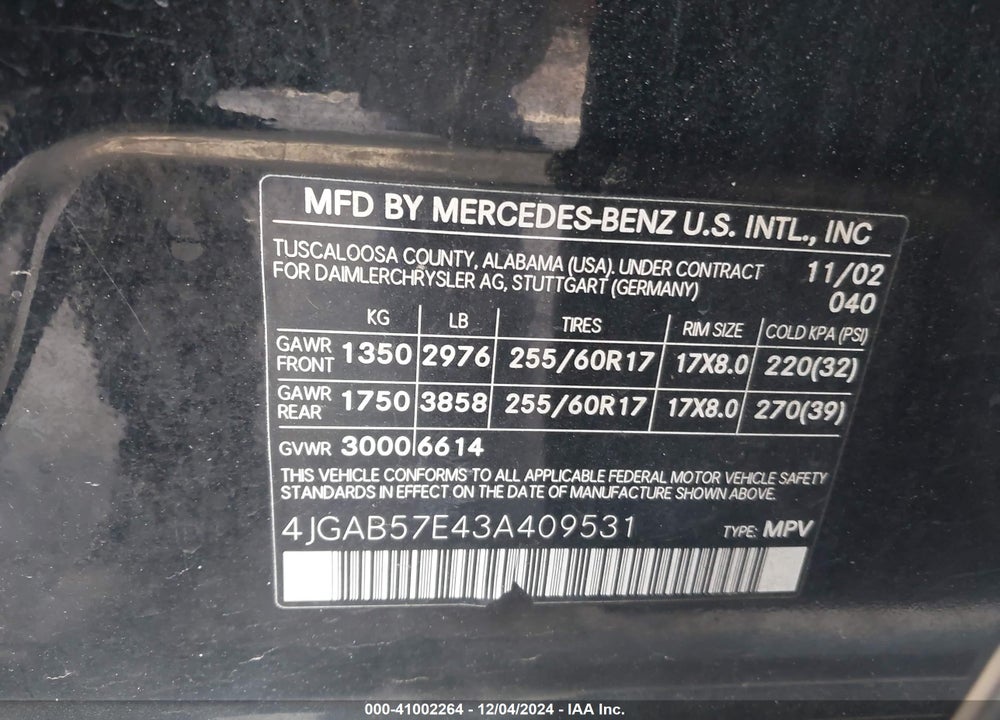 2003 MERCEDES-BENZ ML 350 VIN: 4JGAB57E43A409531