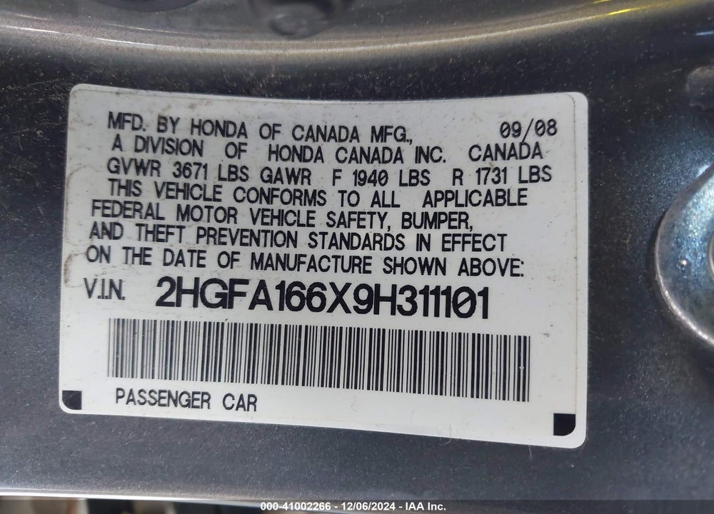2009 HONDA CIVIC LX-S VIN: 2HGFA166X9H311101