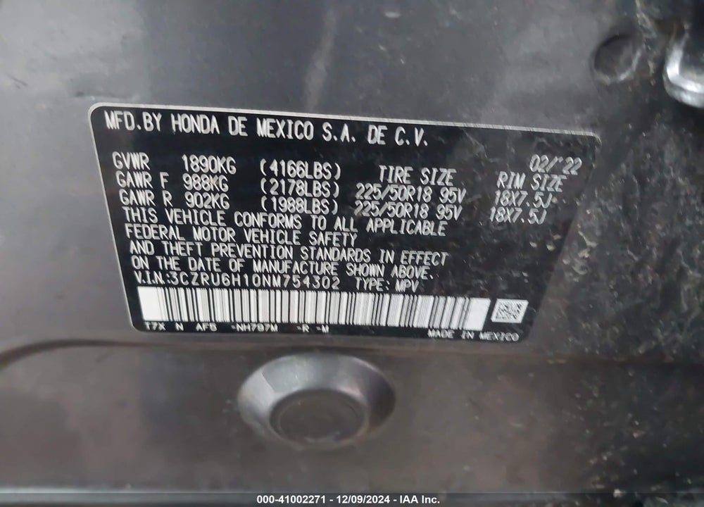 2022 HONDA HR-V AWD SPORT VIN: 3CZRU6H10NM754302