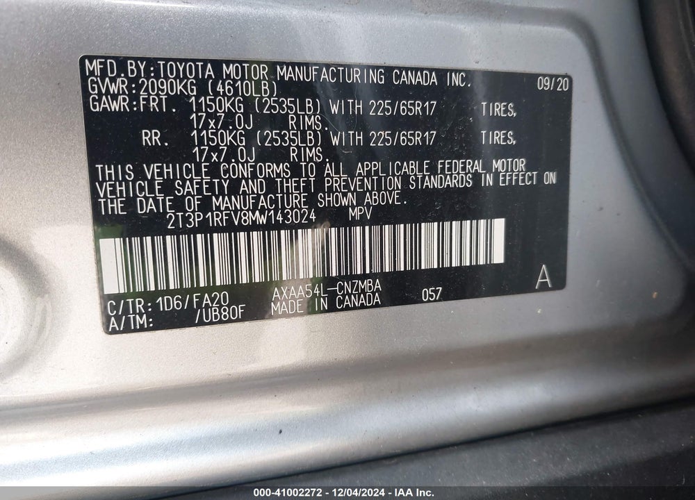 2021 TOYOTA RAV4 XLE VIN: 2T3P1RFV8MW143024