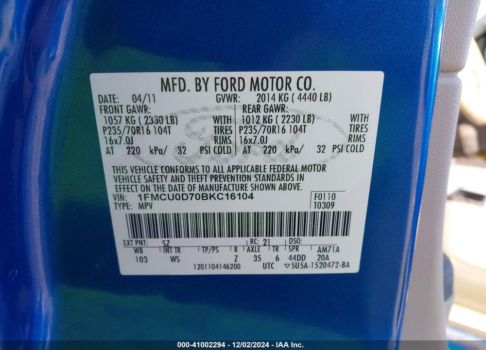 2011 FORD ESCAPE XLT VIN: 1FMCU0D70BKC16104
