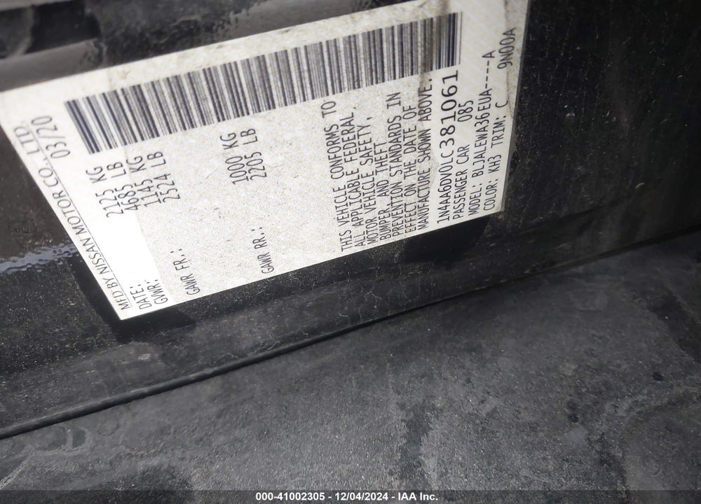 2020 NISSAN MAXIMA SL XTRONIC CVT VIN: 1N4AA6DV0LC381061